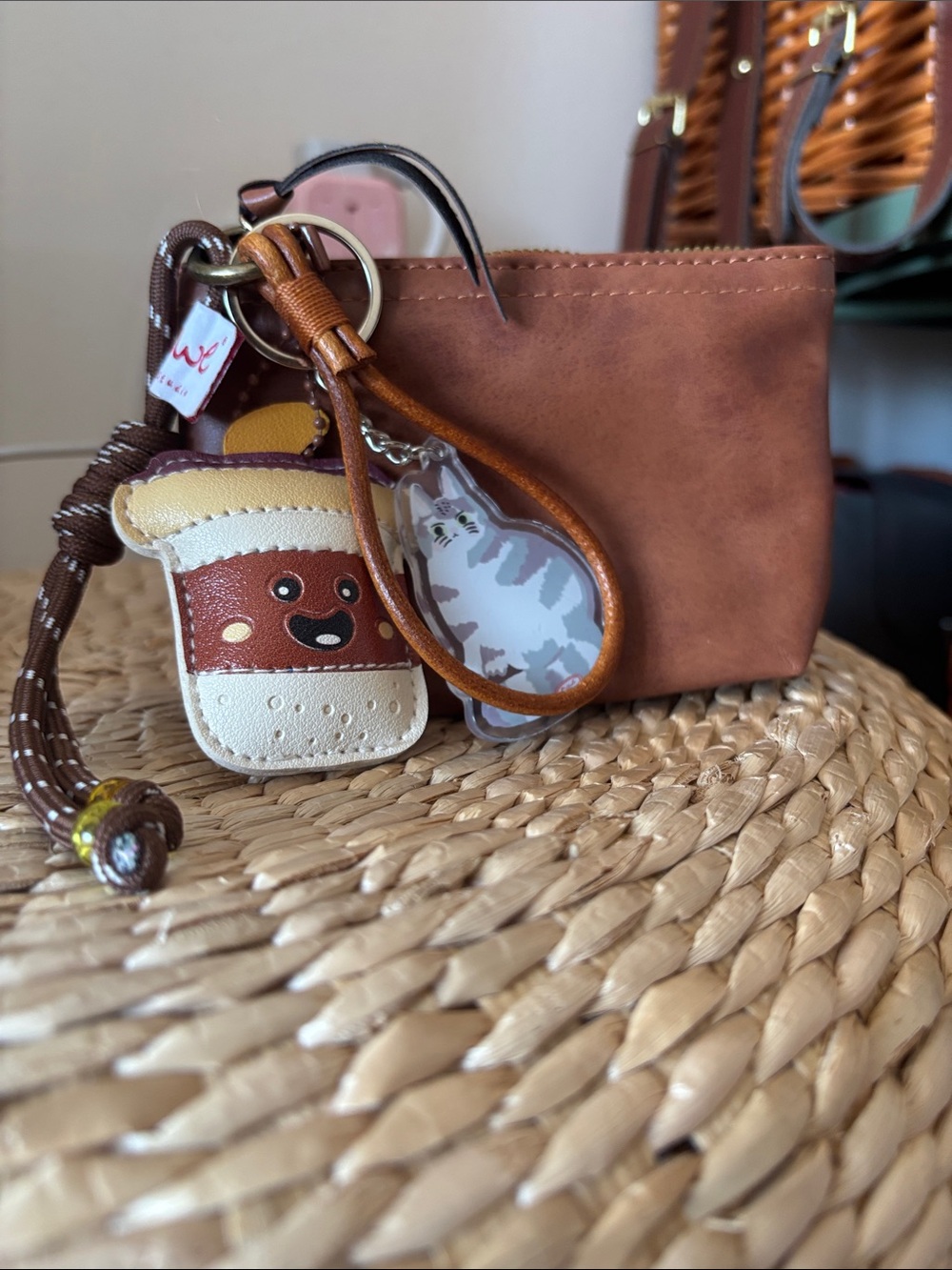 ☕️Durable PU Leather Wristlet Coin Purse with Cat & Coffee Charms